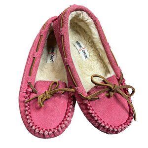 Minnetonka Cassie Moc Slippers Girls Size 1 Pink‎ Suede Leather Faux Fur Lining